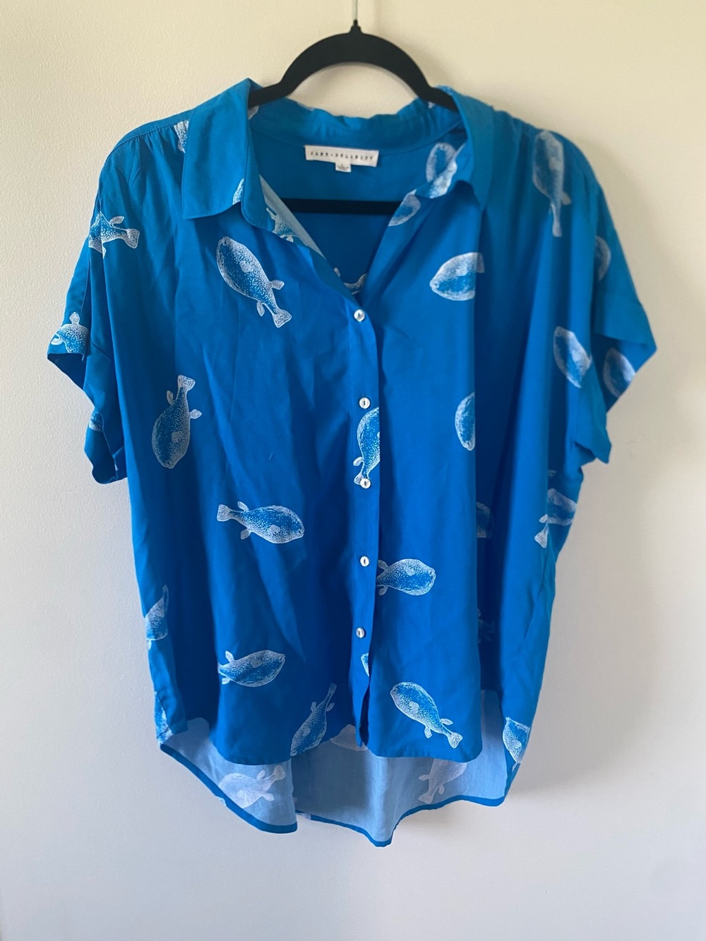Blue Short Sleeve Lightweight Button-Up Shirt with Bold Fish Print - Picture 2 of 10